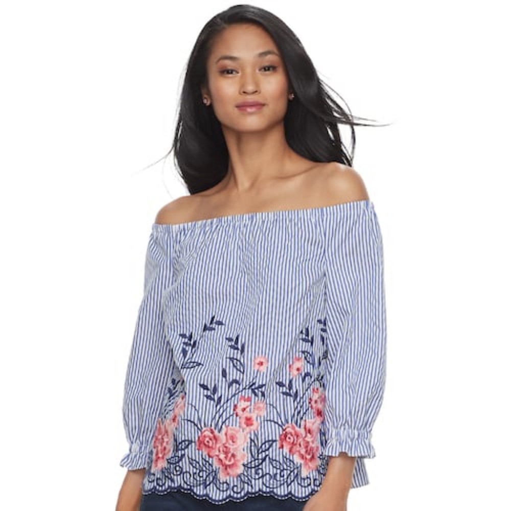 Elle Off the Shoulder Striped Floral Shirt XL